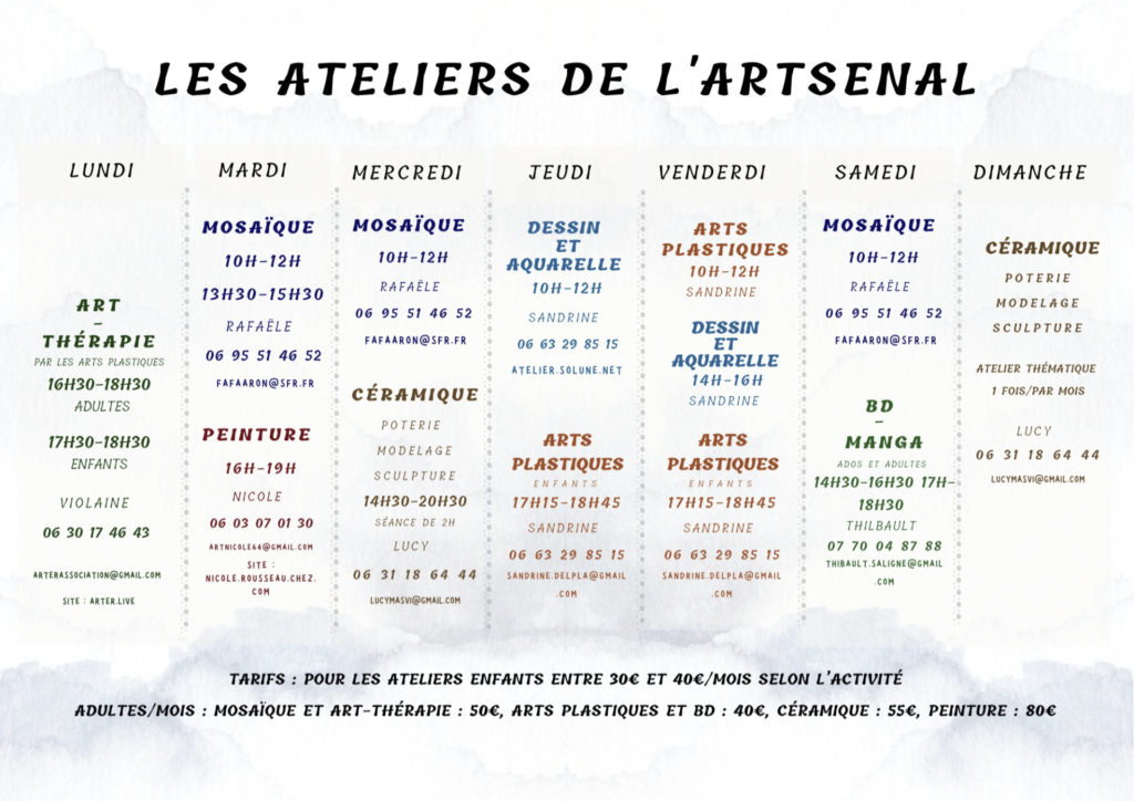 Le planning 2021 des ateliers de l'Artsenal