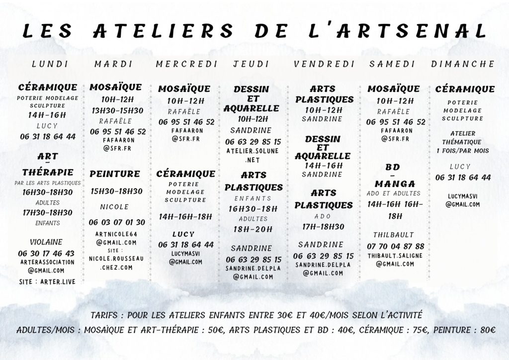 Le planning des ateliers de l'Artsenal