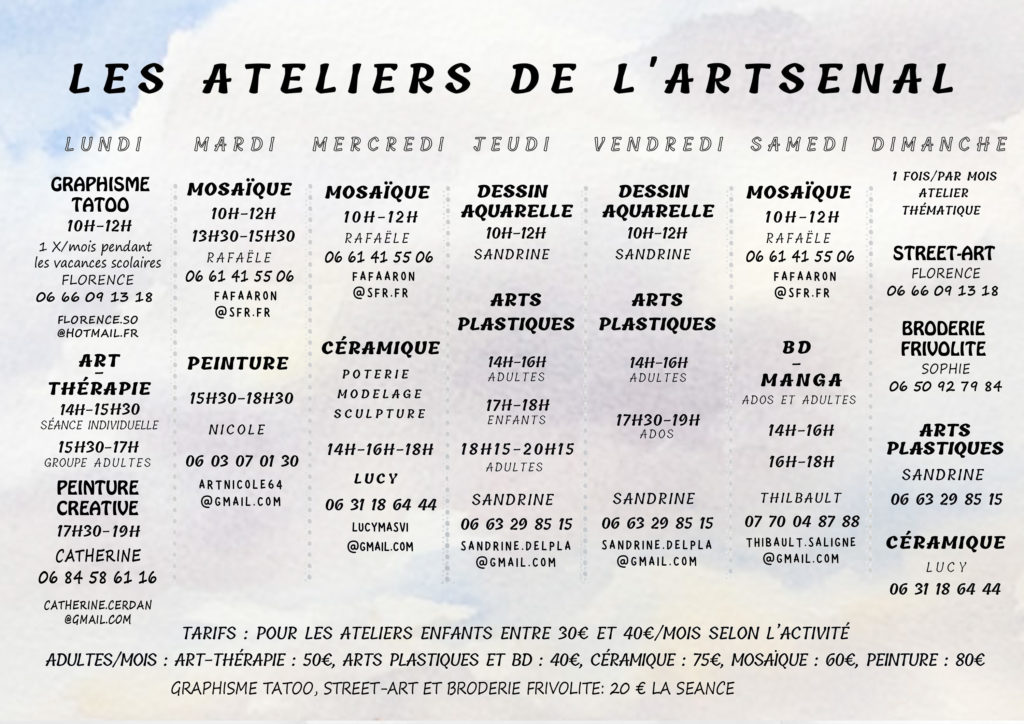 Le planning des ateliers de l'Artsenal