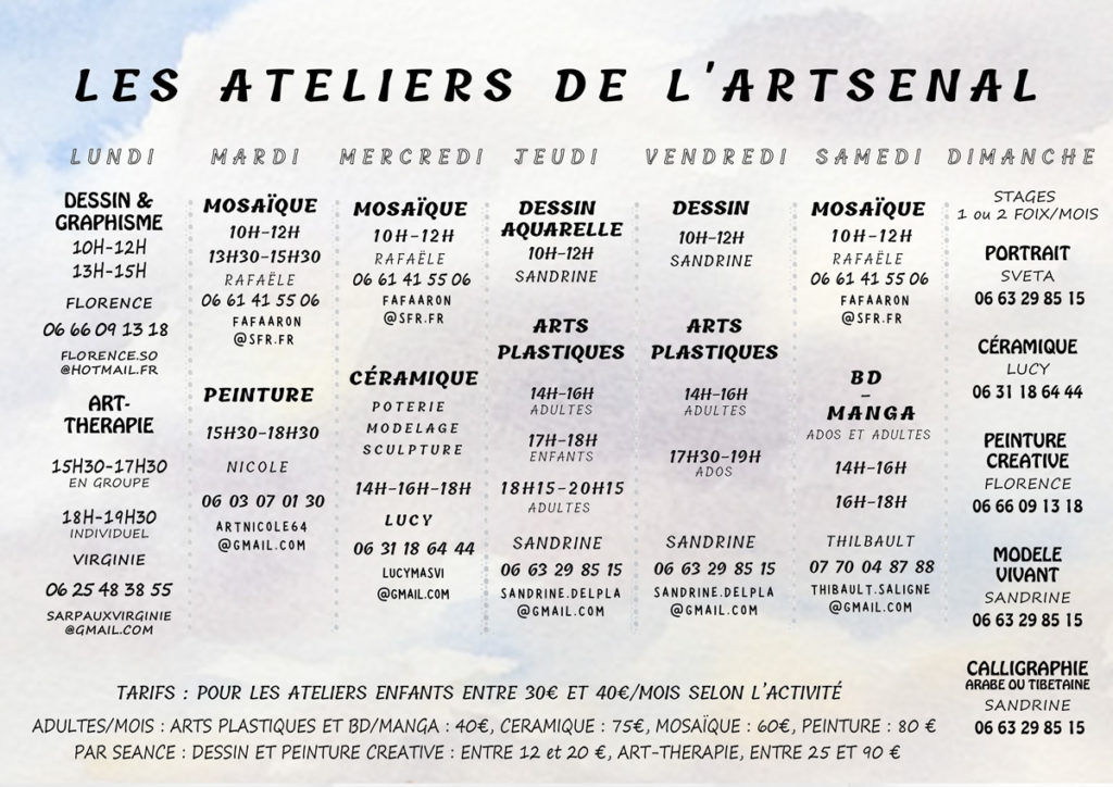 Le planning des ateliers de l'Artsenal