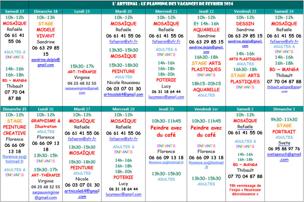 planning des vacances de février 2024