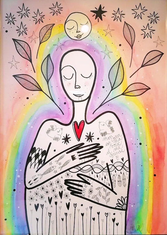 Dessin d'un personnage blanc et décoré de graphismes positifs et rayonnant de couleurs à l'extérieur de lui