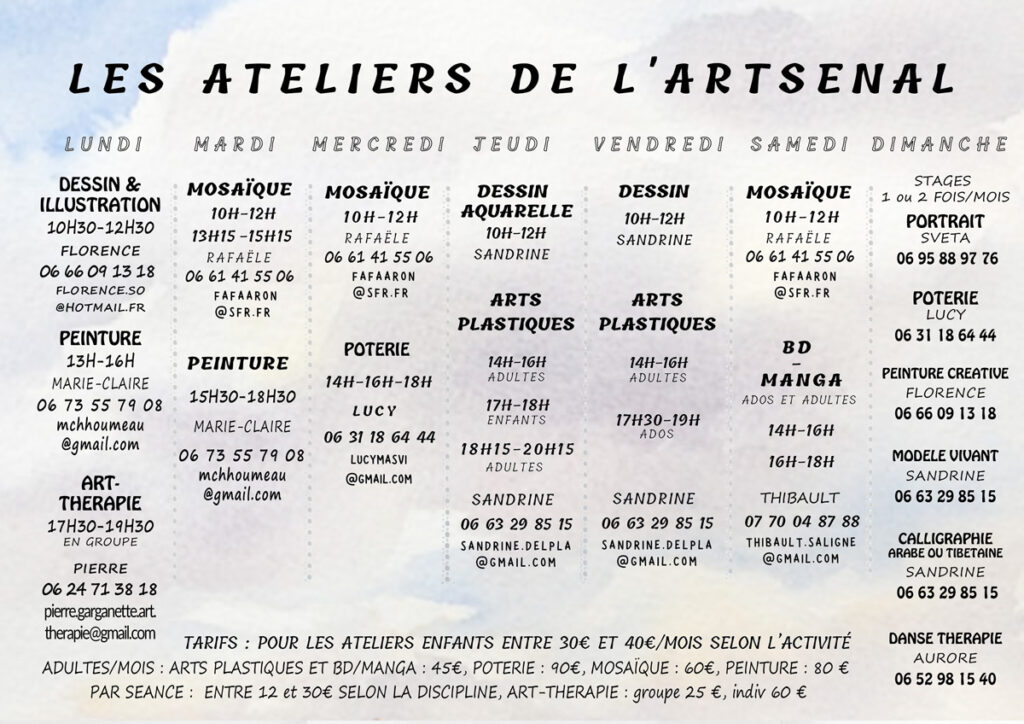 planning des ateliers de l'Artsenal