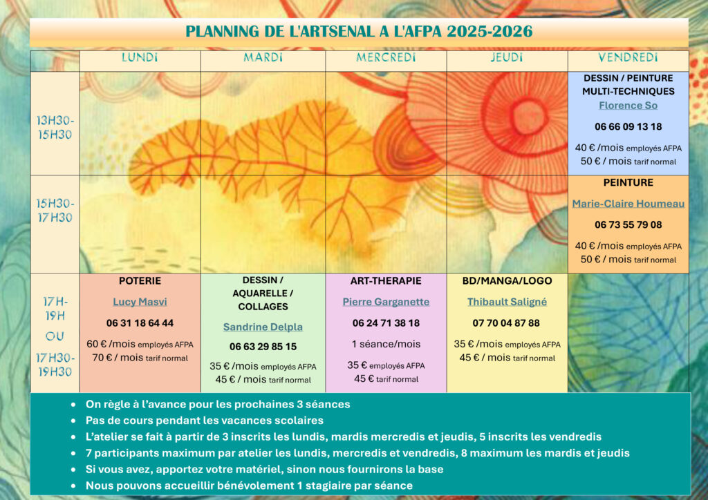 planning des ateliers de l'Artsenal à l'AFPA