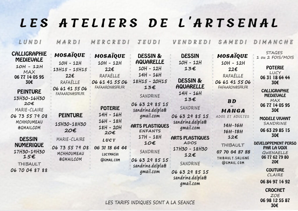 Planning des cours hebdomadaires